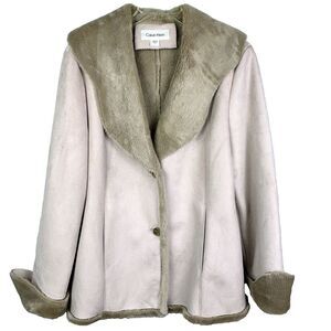 Calvin Klein Microsuede Jacket Faux Fur Lined Trim Coat Penny Lane Buttons Y2K L